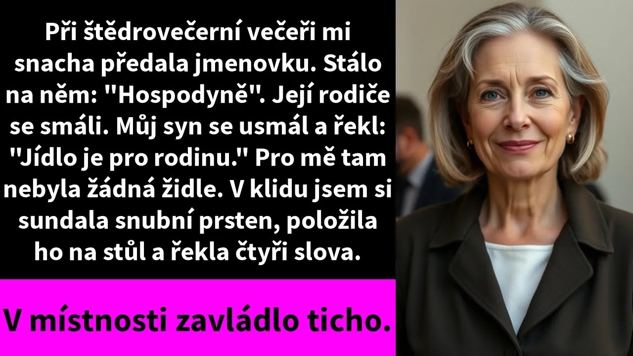 Předali mi odznak. Velkými písmeny na něm stálo housekeeper. Můj syn se na mě podíval, držel tác se skleničkami a řekl: „Jídlo je pro rodinu.“ U stolu pro mě nebyla židle. Stála jsem v té jídelně...
