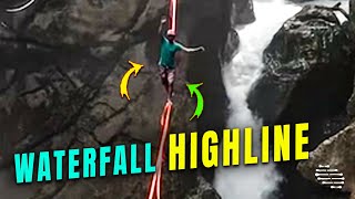 Person Walking a Highline at a Waterfall