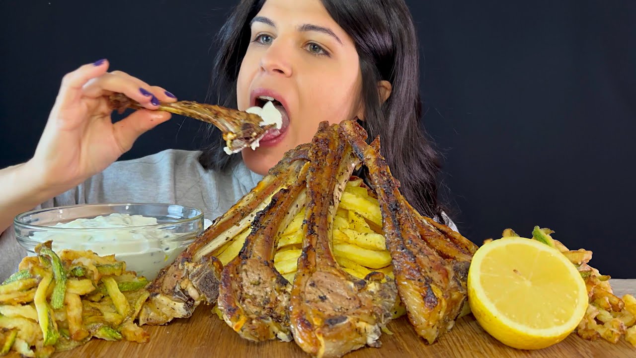 GREEK LAMB CHOPS, FRIED ZUCCHINI, TZATZIKI & FRIES | MUKBANG | ASMR