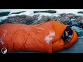 No tent winter camp in freezing conditions  ice and snow winter camping adventure  asmr