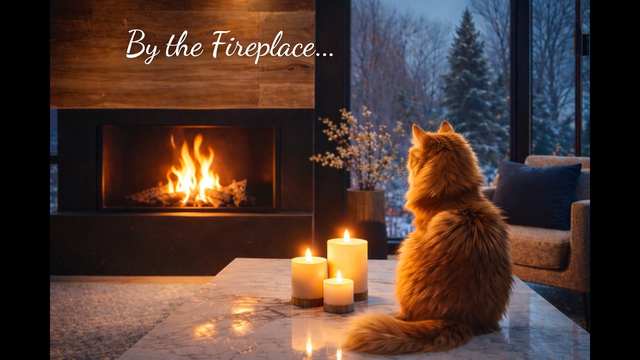Relaxing Winter Fireplace Music 🎵 Snowy Window & Cozy Cat (2 Hours)