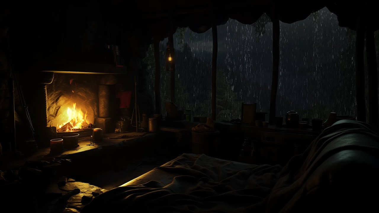 Heavy Rain at Night in a Cozy Cabin | Fireplace Sounds for Deep Sleep ...