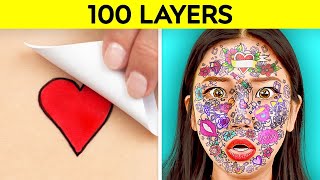 ¡RETO DE LAS 100 CAPAS! Las mejores 100 capas de maquillaje, tatuajes, etc. por 123 GO! CHALLENGE