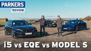 Tesla Model S vs BMW i5 vs MercedesAMG EQE Review | Which premium electric saloon car is best?