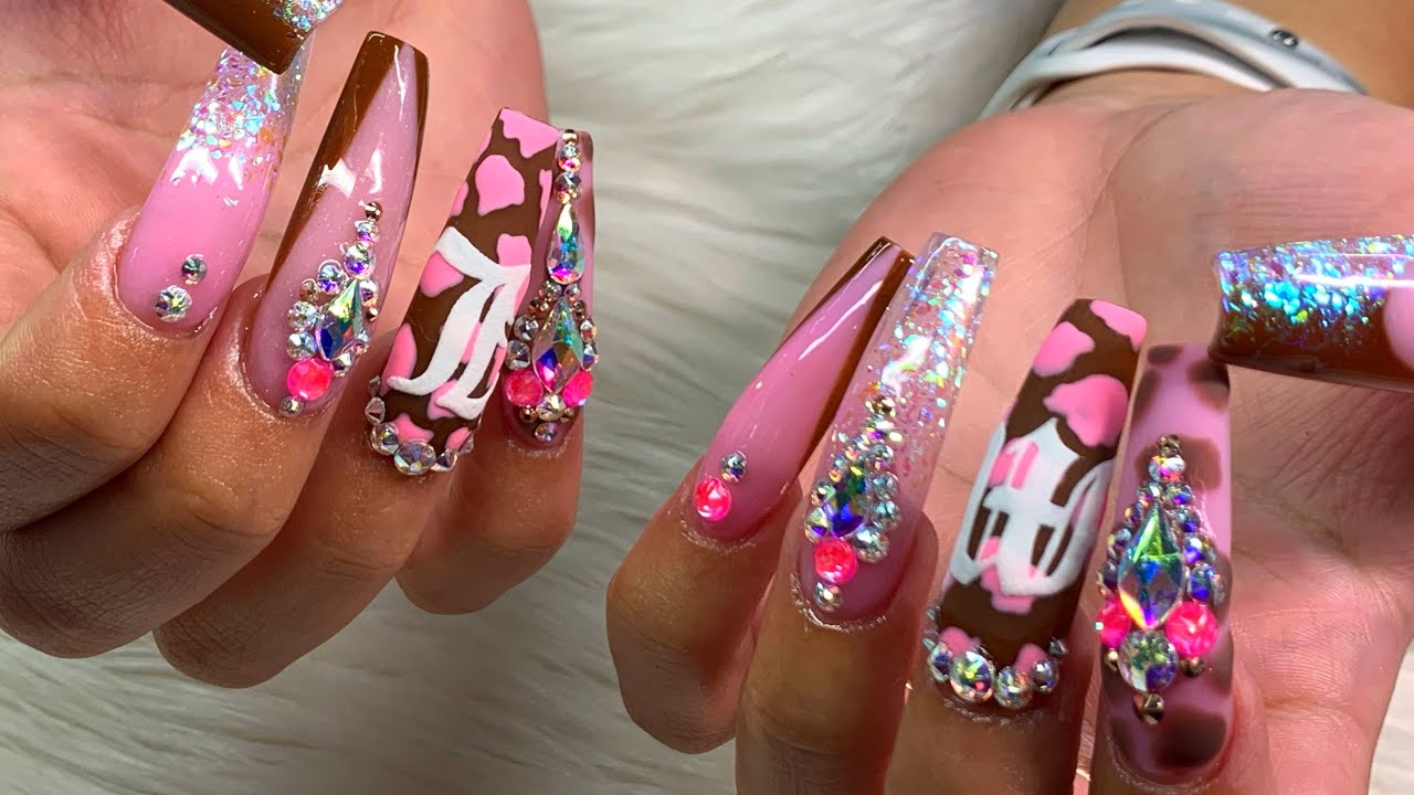 Watch me work | Removing 3 week set | Nail prep | Tips | Acrylic lay | Nail art | Bling | Cow Print