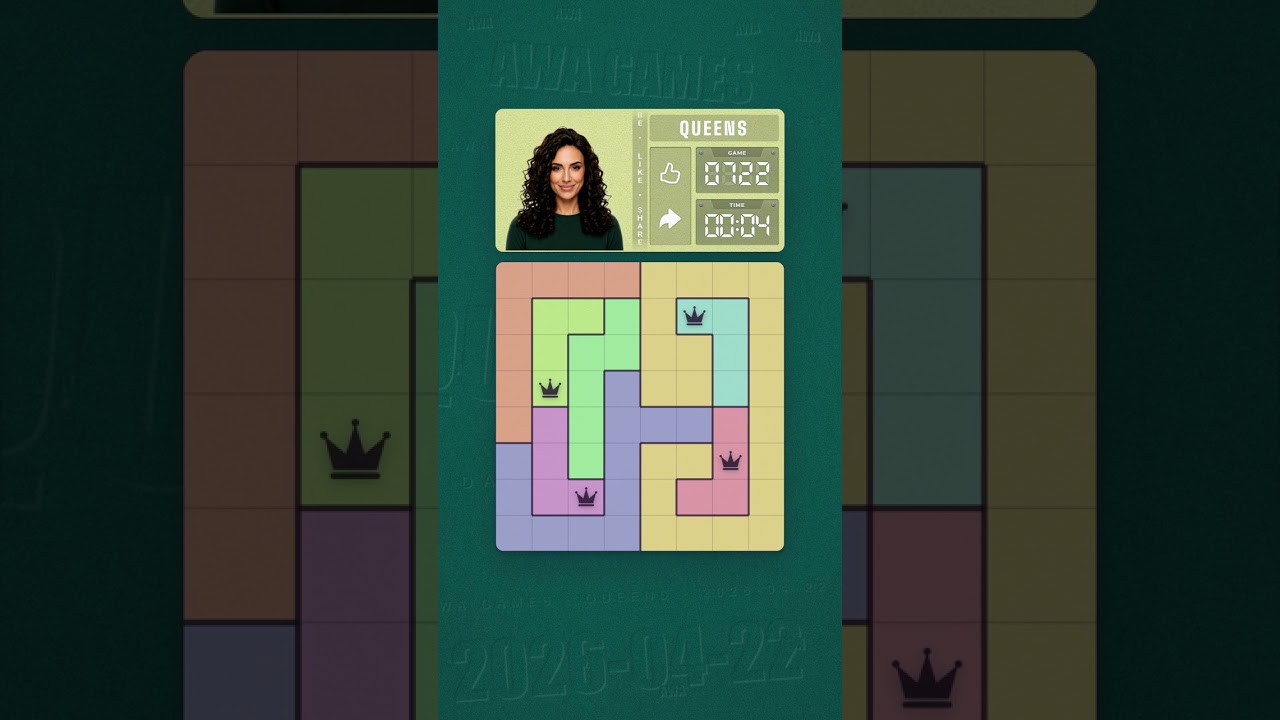 LinkedIn Queens #722 solved board for April 22, 2026, 8x8 grid