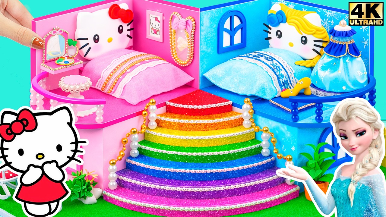 Make Hello Kitty House with Two Bedroom, Garden Pond & Rainbow Stair for Elsa 💗💙 DIY Miniature House
