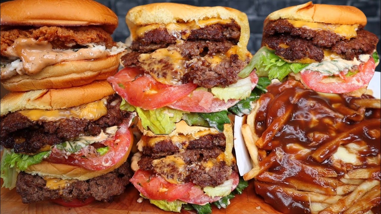 ASMR TRIPLE SMASH BURGERS, NASHVILLE HOT CHICKEN SANDWICH, AND POUTINE MUKBANG