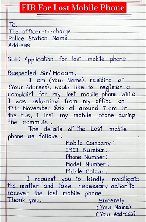 Write a complaint letter to police for lost mobile phone