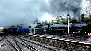 SIR NIGEL GRESLEY , BRITANNIA , AND LEANDER LEGENDS OF STEAM ARRIVING AT THE E.L.R.