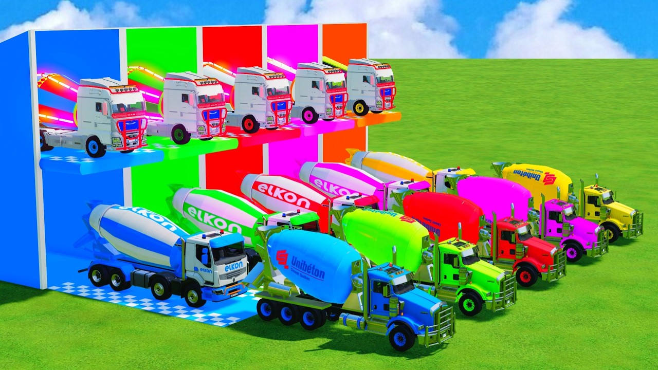 Garage with Colors - ALL MIXER TRUCK WITH DOUBLE FLATBED TRAILER TRUCK, TESLA, VOLVO, IVECO - FS22