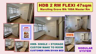 BTO HDB 2 Rm Flexi 47sqm Marsiling Grove Master Rm. HWB-Single + Storage. Hidden Wall Bed.HWB HUB.EC