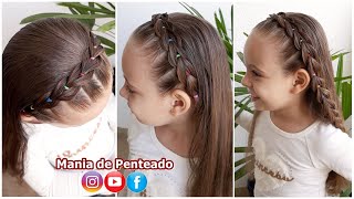 Hairstyle for girls with faux braid diadem and colored elastics