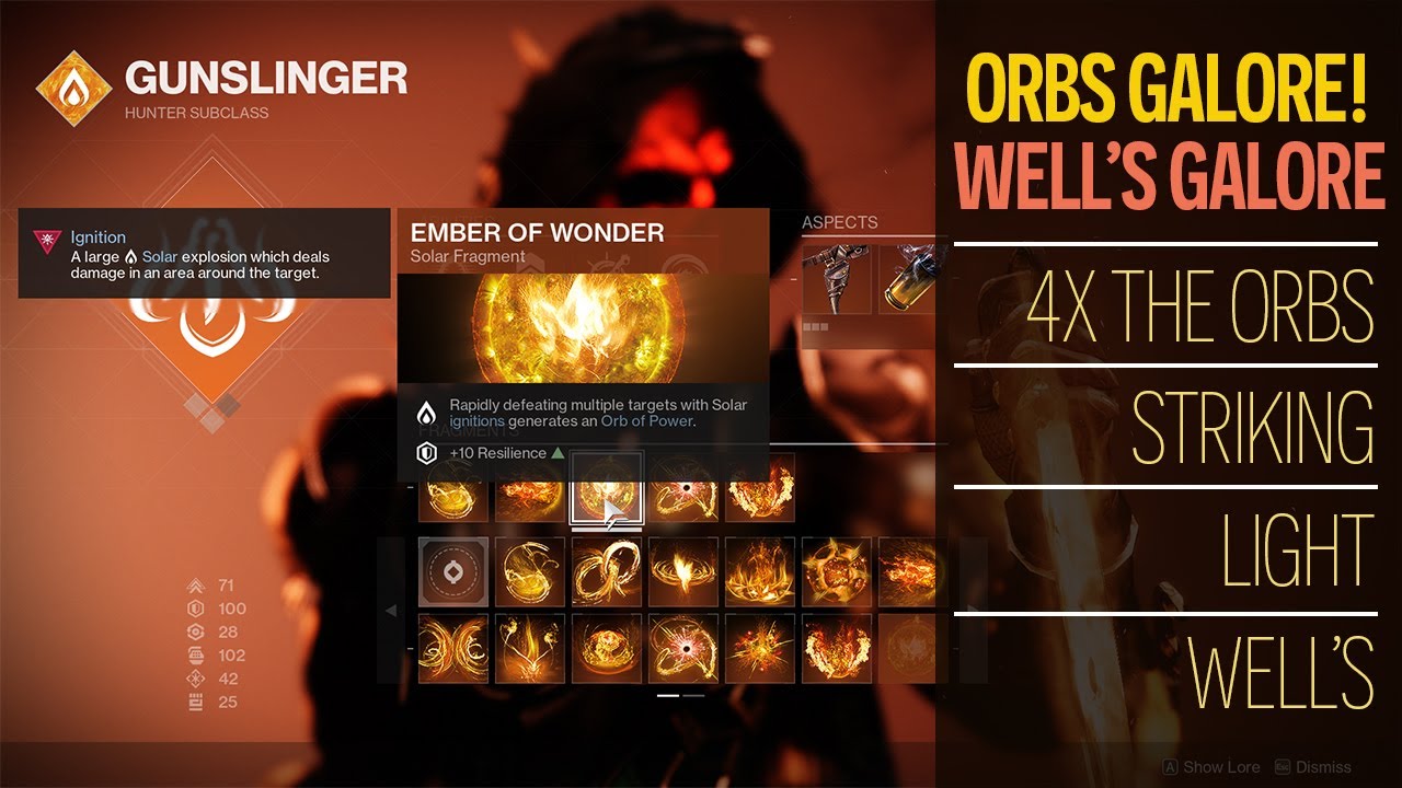 Solar Hunter build for maximum orb's and elemental well's