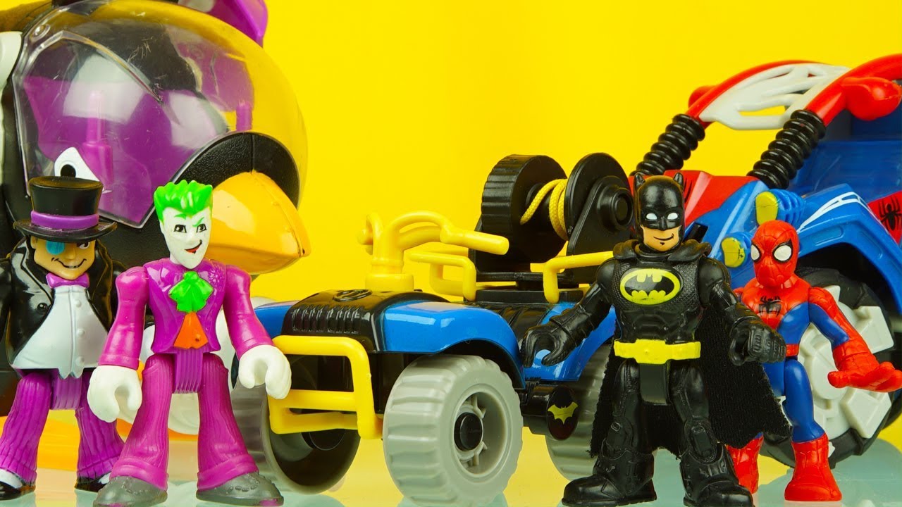 Imaginext Batman NEW ATV motorcycle unboxing with Spiderman, Joker and Penguin spider man 2