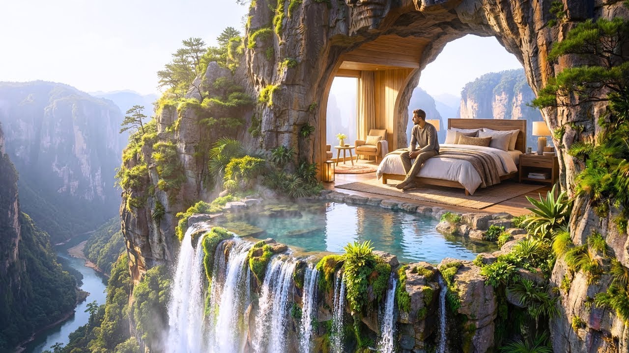 This Man Built a SECRET HOUSE Inside a WATERFALL CAVE – (ASMR)