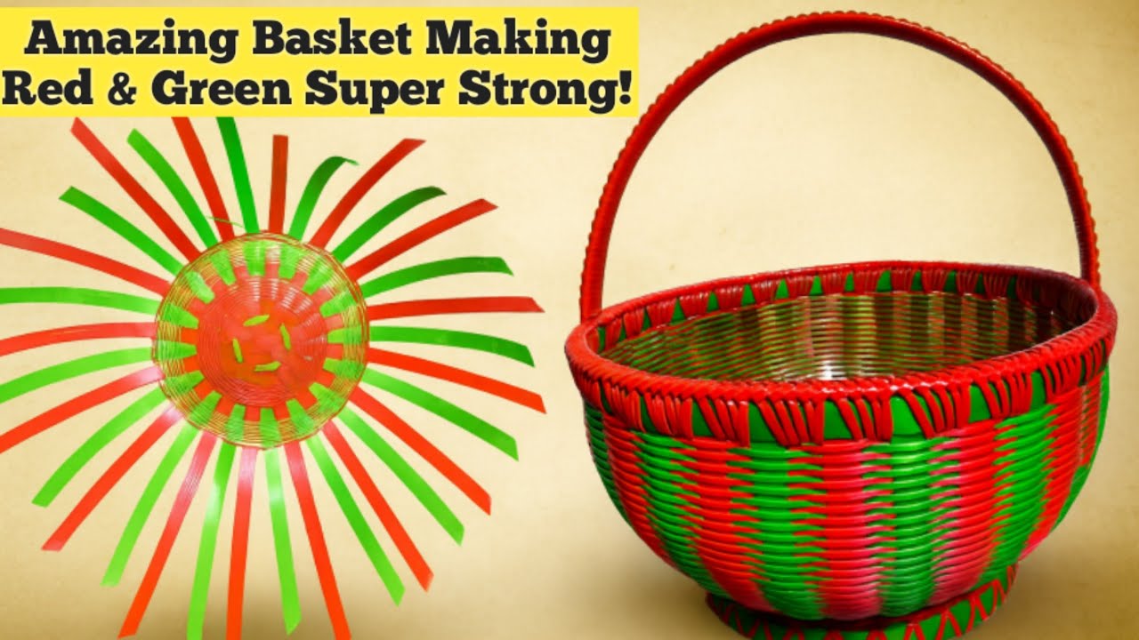 Red & Green Plastic Cane Basket Making | Full Weaving Process Start to Finish 