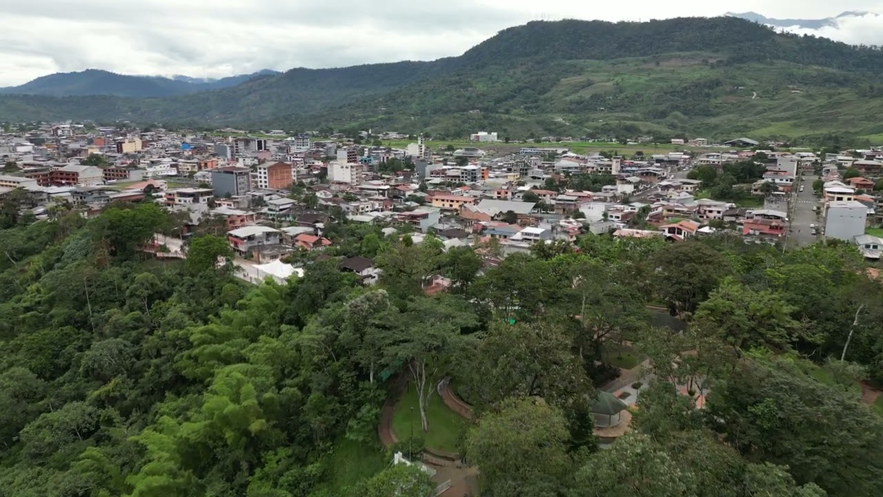 Drone Flying Over Macas in Ecuador Amazon River Near Restaurant El Mirador
