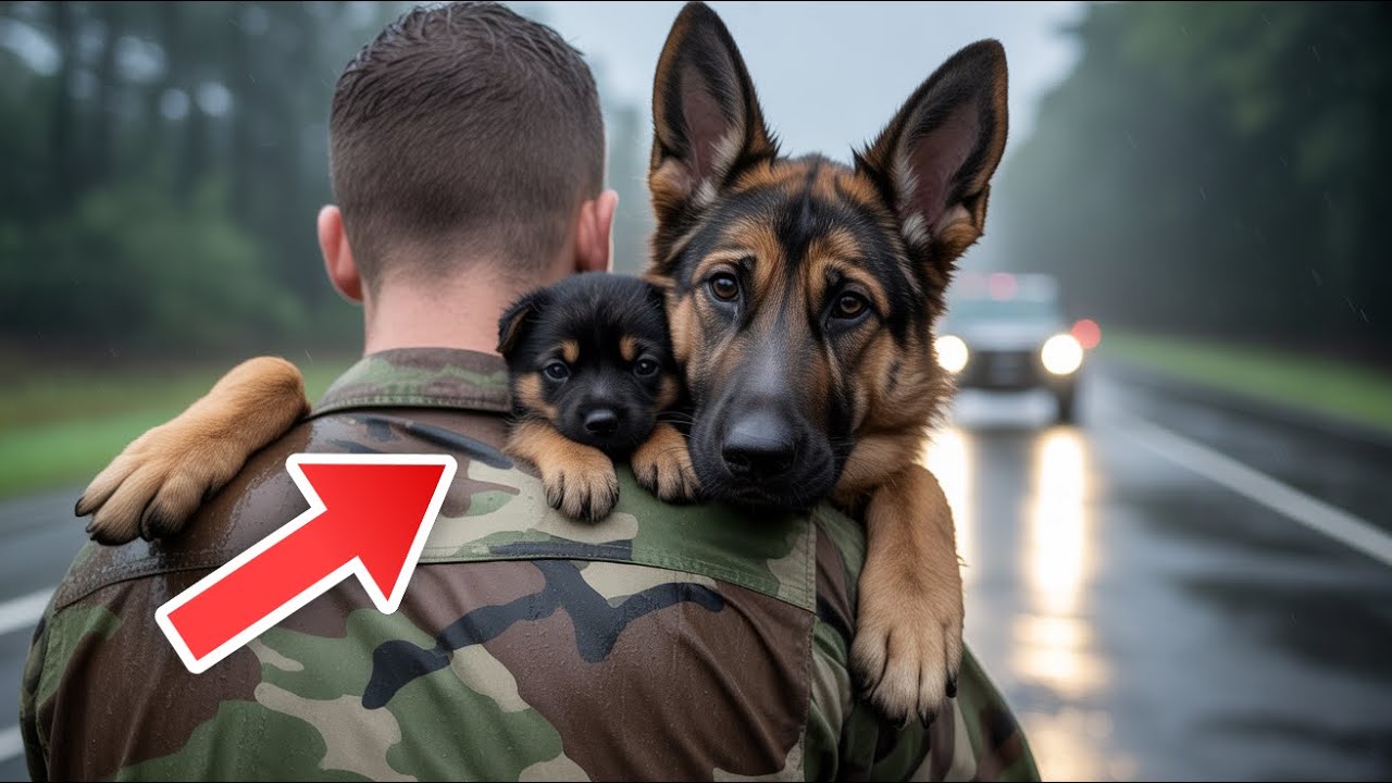 Verlassener K9-Schäferhund springt in die Arme eines Soldaten: ‚Bitte verlass meine Welpen nicht!‘