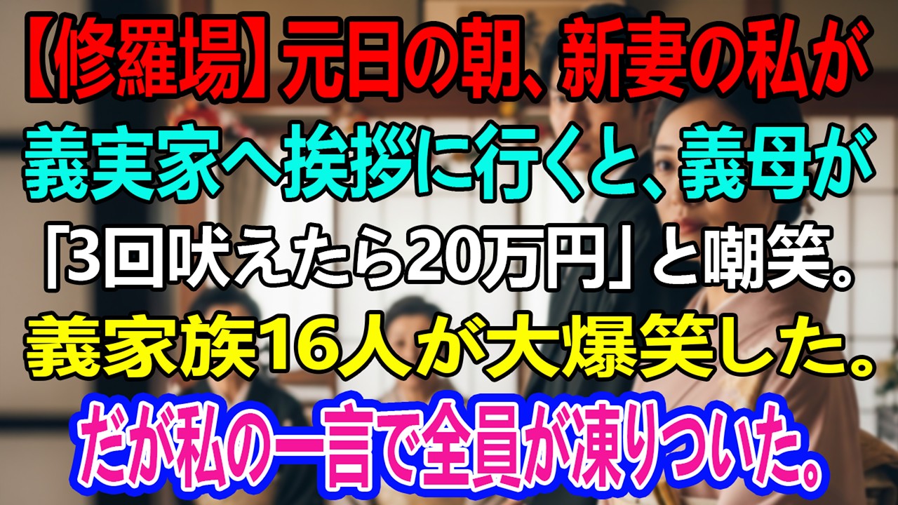 【修羅場】元日の朝、新妻の私が義実家へ挨拶に行くと、義母が「ワン！ワン！ワン！と3回吠えたら、お年玉20万円あげる」と言い出した。義家族16人が大笑い。しかし私の一言で全員が凍りついた。
