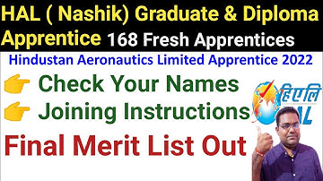 HAL (Nashik) Apprentice Final Merit List Out / Graduate  & Diploma Apprentices - Total 168 Posts