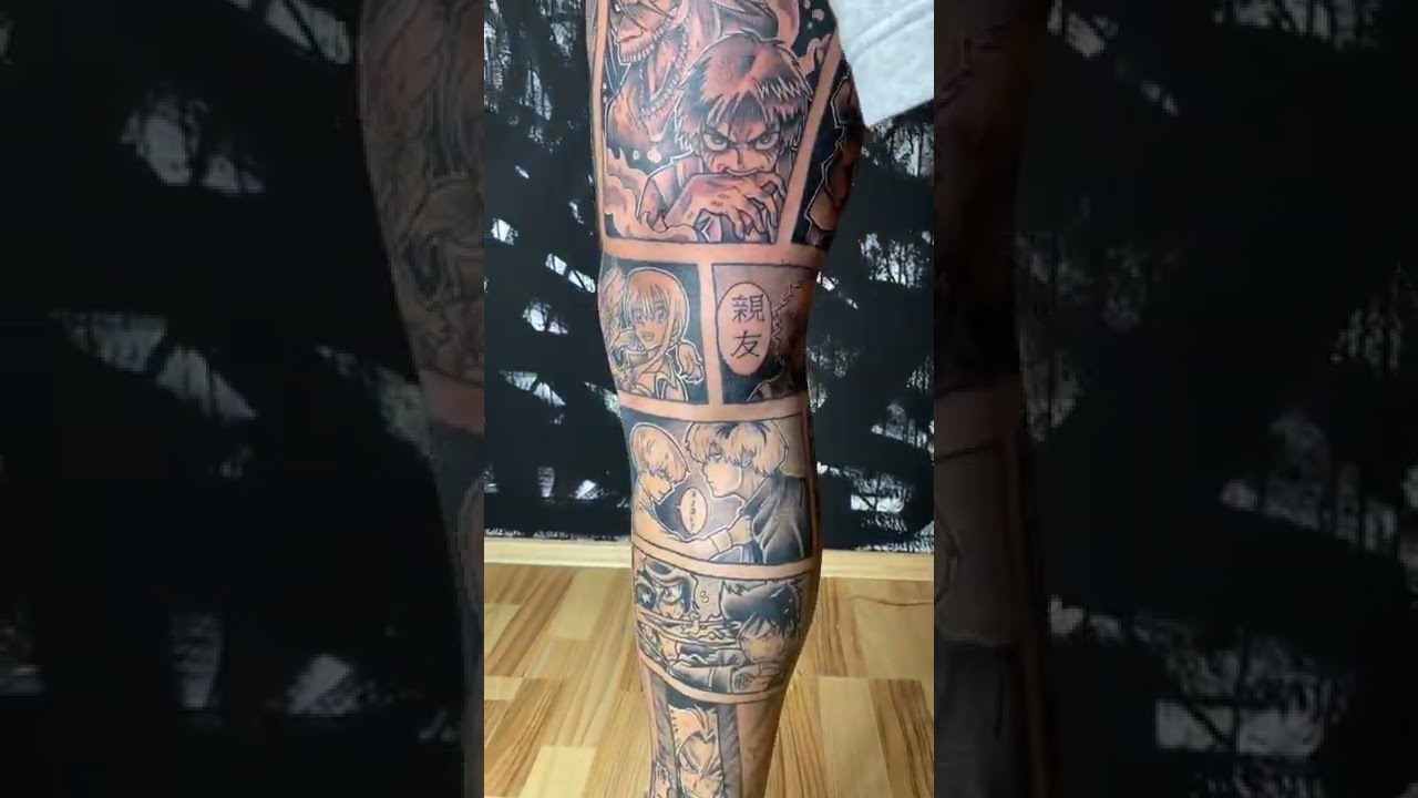 Manga leg tattoo by @dave.vero.ink 