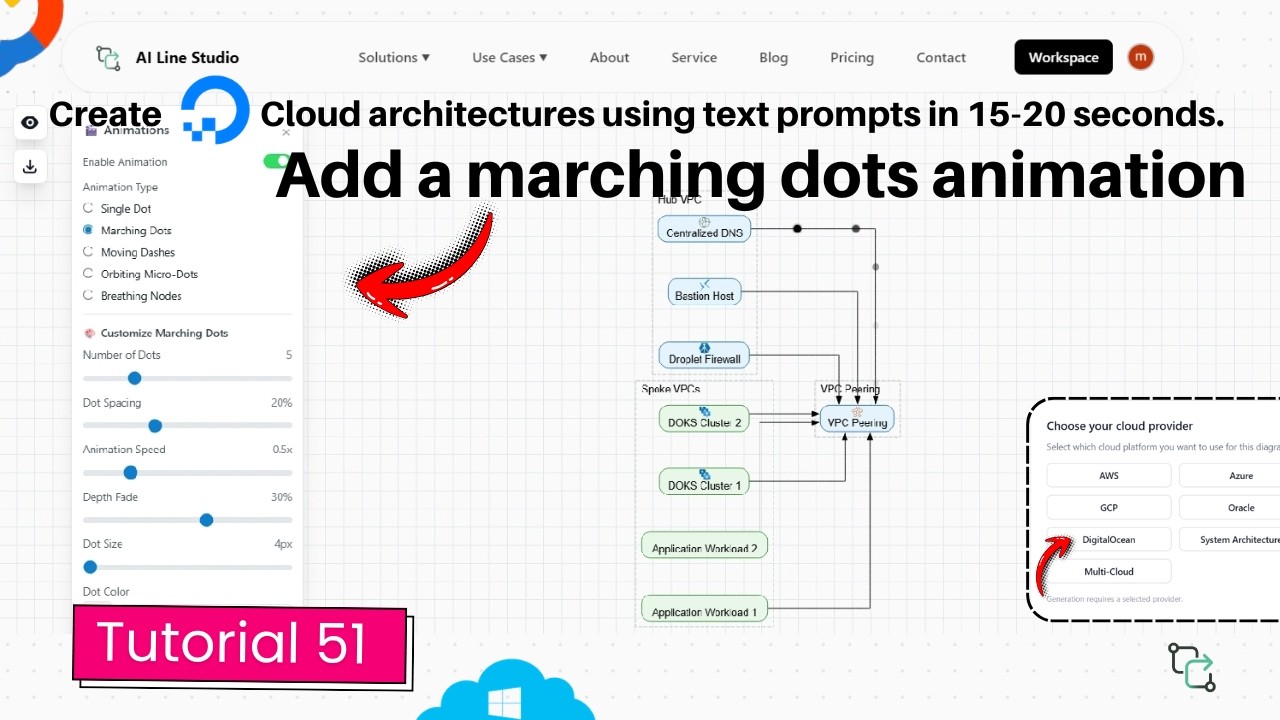 Add marching dots animation in DigitalOcean architecture diagram tutorial showing dots traveling on multi-VPC hub connections