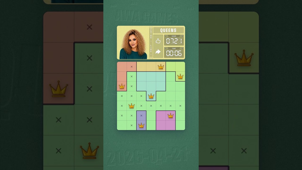 LinkedIn Queens #721 solved board for April 21, 2026, 7x7 grid