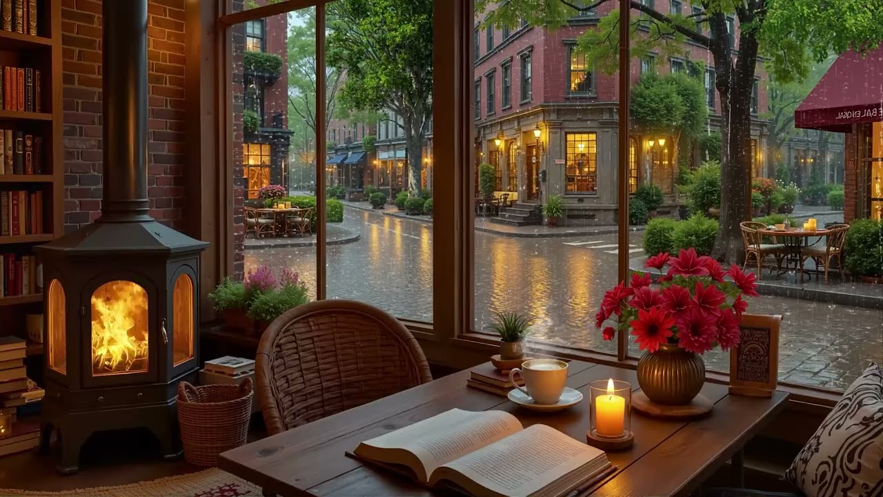 Нежный весенний дождь в кофейне 🌿 Теплая джазовая фортепианная музыка и звуки камина для расслаблен