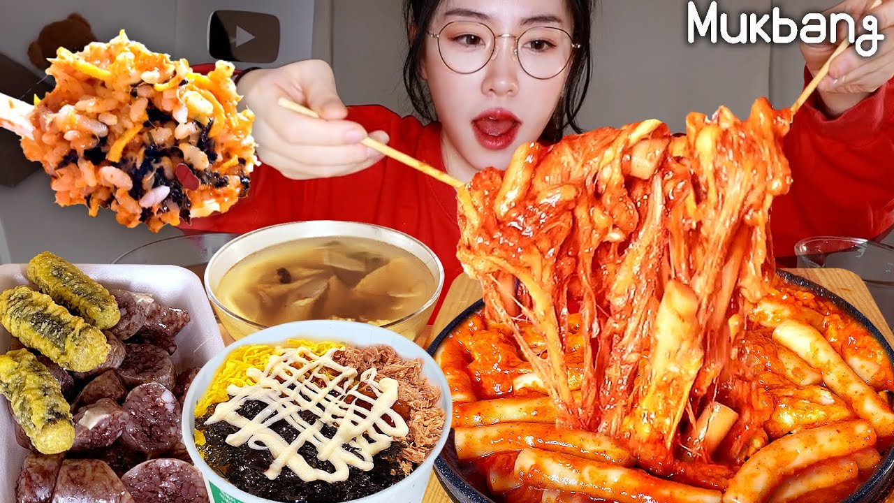 Mukbang✨🌛Спичный токбокки, сундаэ, бибимбап, суп рыбных токов мукбанг.