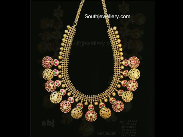 22k gold bottu mala necklace desings 