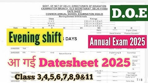 Annual exam datesheet 2025 evening shift/ final exam datesheet 2025 class 9&11  /doe/cbse