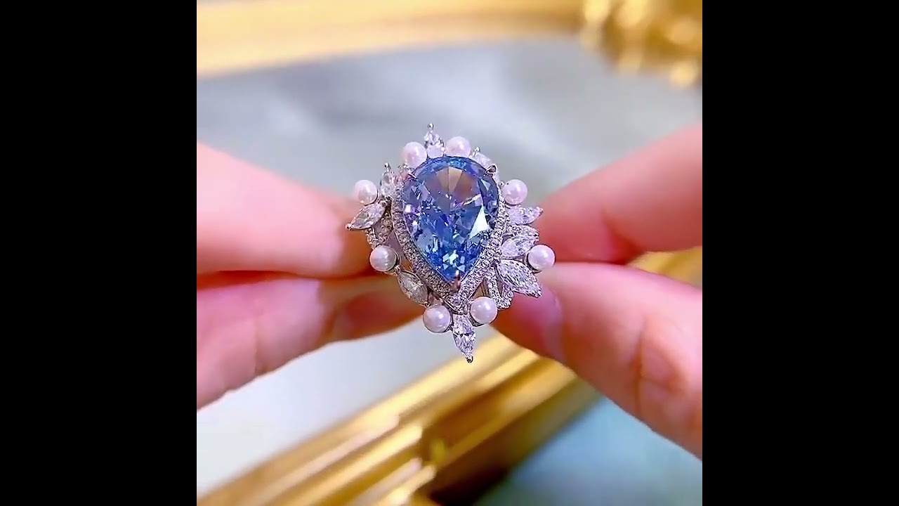 10CT Halo Blue Topaz Pearl Vintage Teardrop Ring for Women