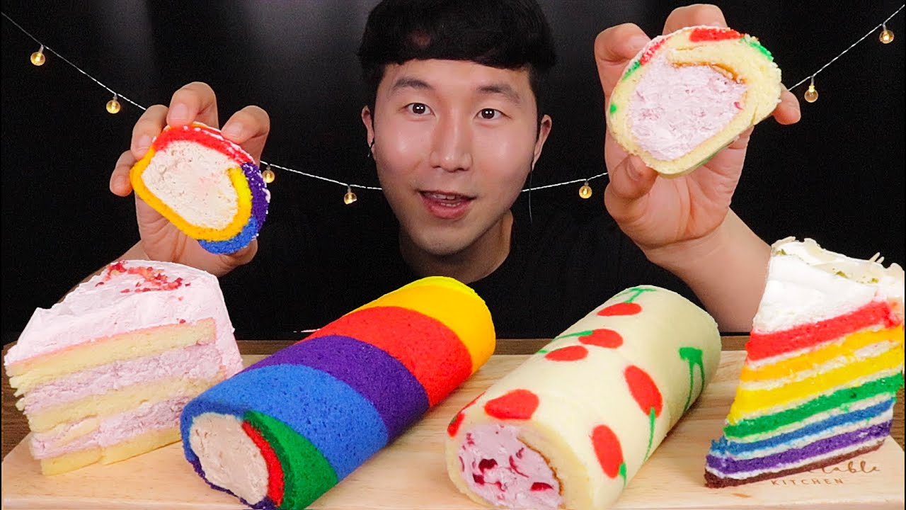 [SUB]블레스롤 무지개 롤케이크,체리 롤케이크, 조각케이크 먹방 (Rainbow roll cake, cherry roll cake, slice cake)MUKBANG