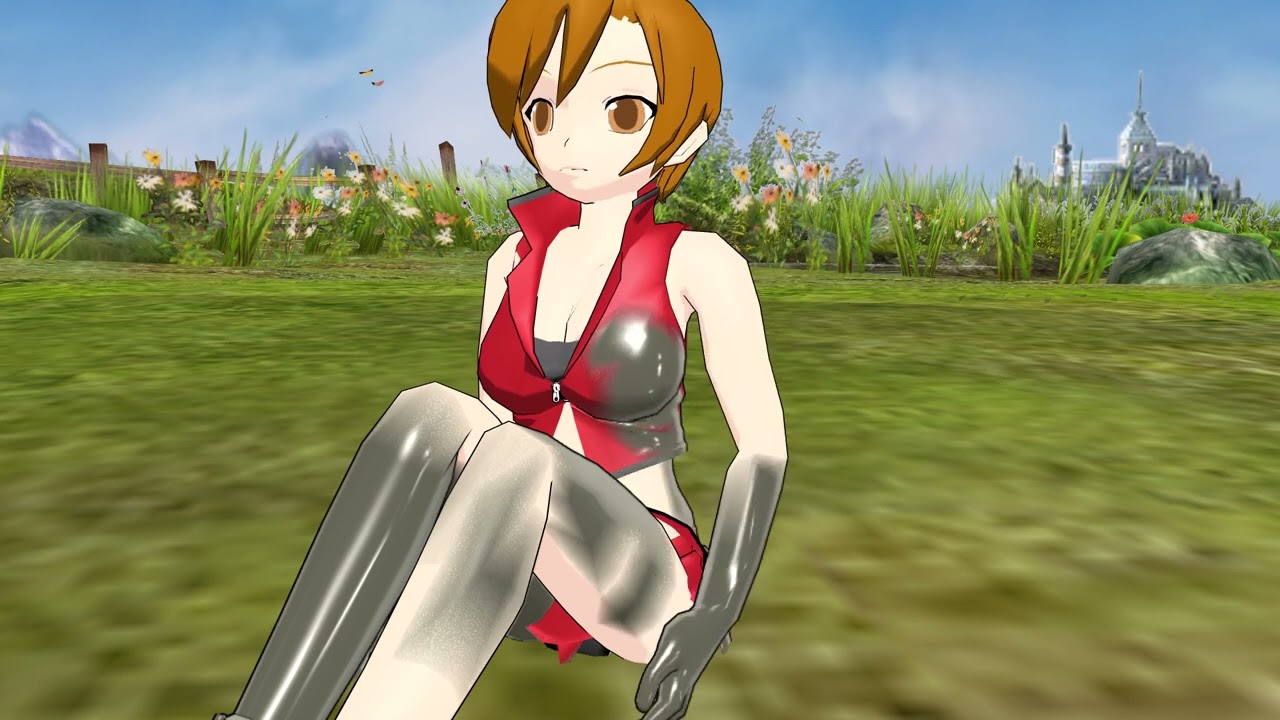 Meiko is playing in mud at the windmill.