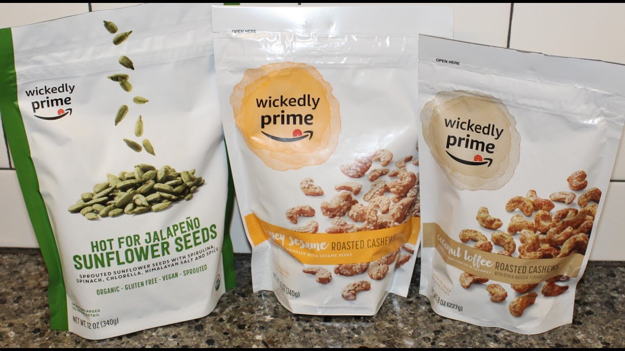 Wickedly Prime Jalapeno Sunflower Seeds Honey Sesame Cashews Coconut Toffee Cashews Review Youtube