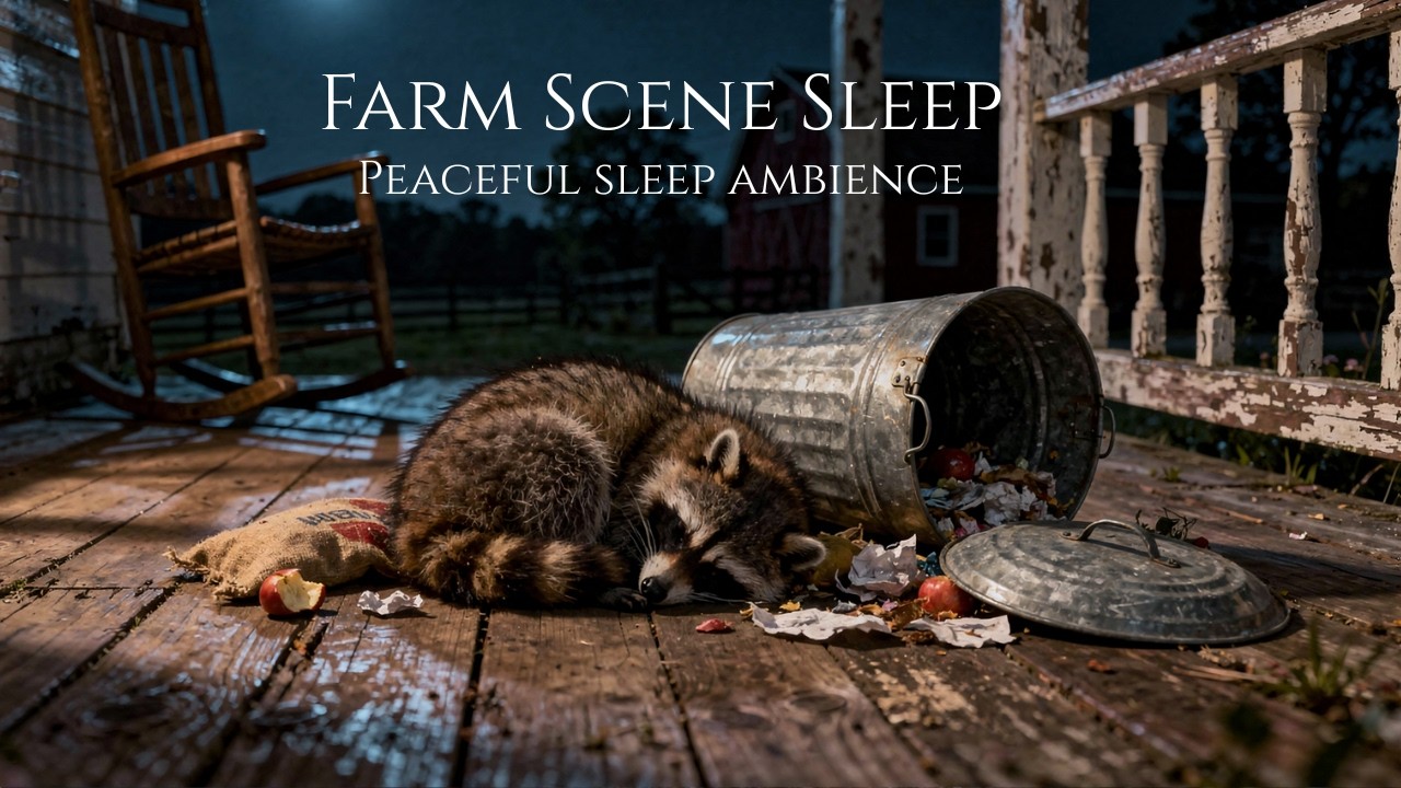 Raccoon Sleeping on Farm Porch at Night | 8 Hours of Calm 🦝🌙