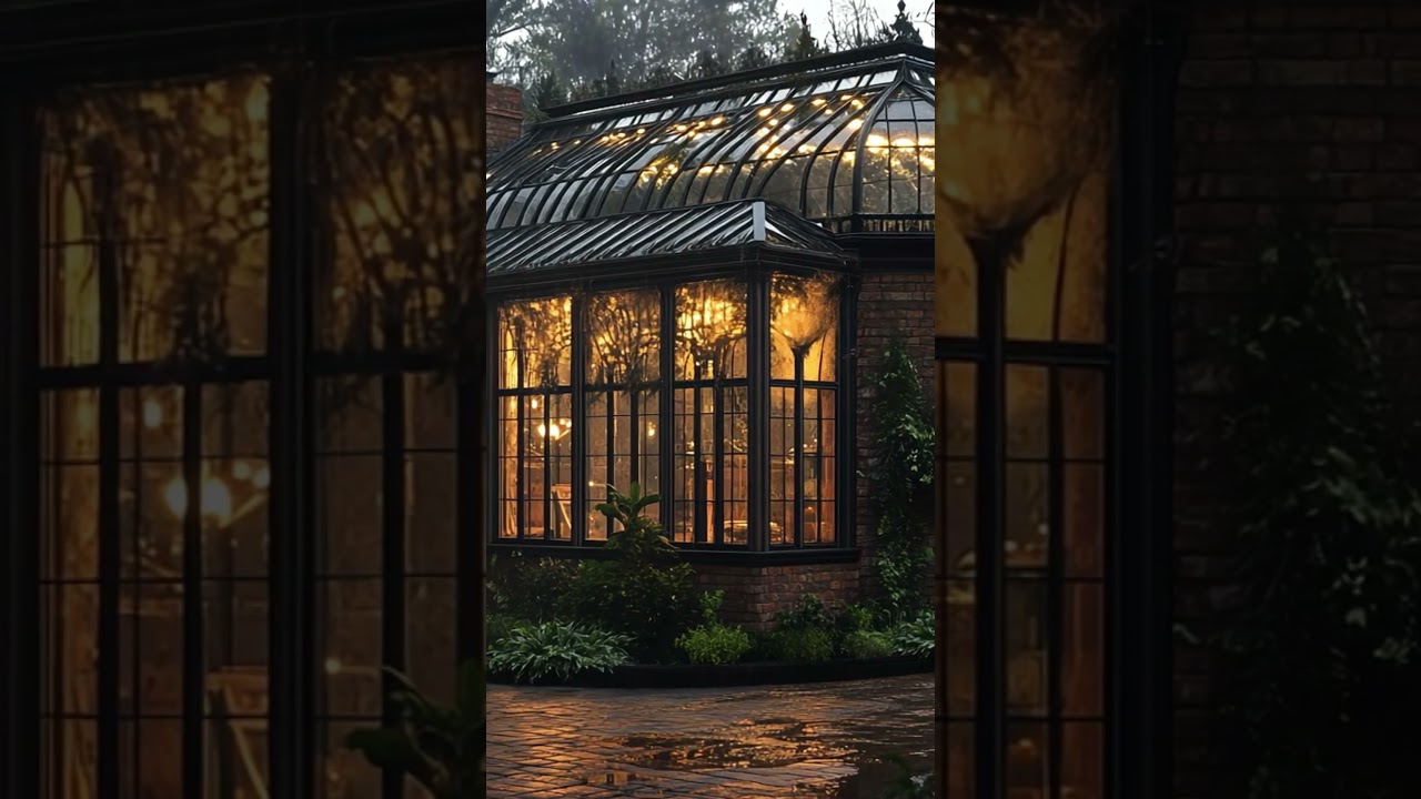 A fabulous greenhouse in a night garden | Sounds of rain and a soft piano melody 