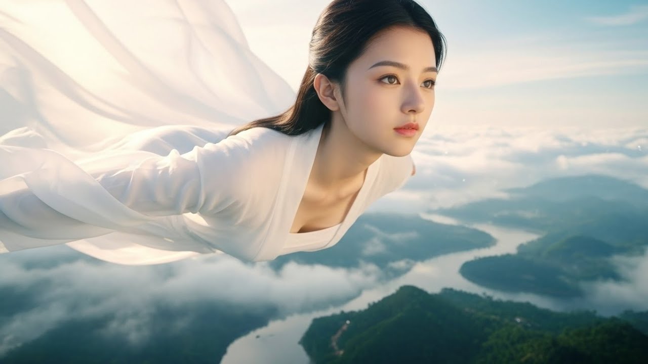 Water Fairy – Beautiful Girl Flying Over Forest, River and Fields