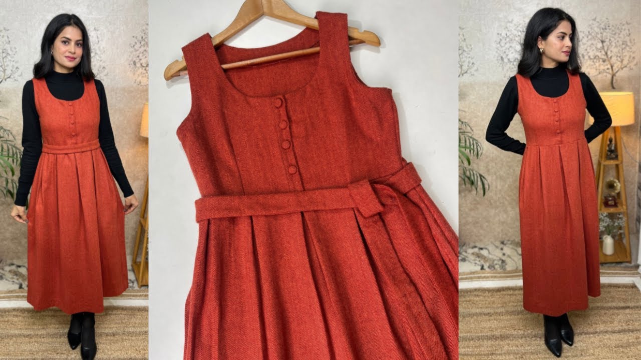 Pinafore Dress Cutting and Stitching/Midi Dress /winter Dress Design