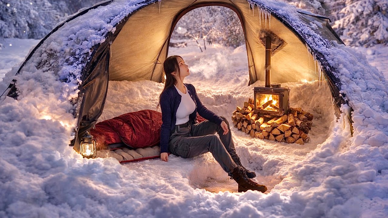 Кемпинг для выживания в местах, отрезанных от цивилизации, погруженных в сильный снег