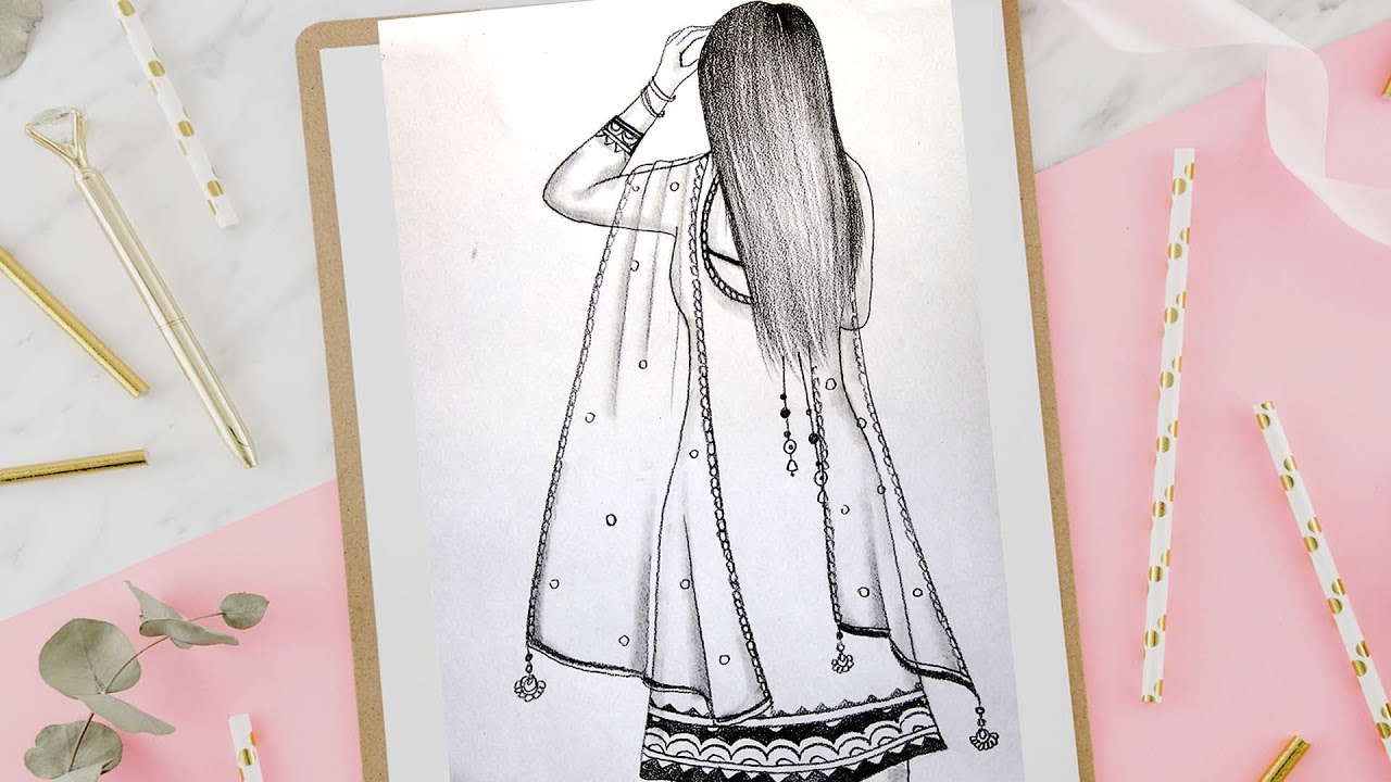 How to Draw a Girl with Beautiful Traditional dress  Dress Drawing   Girl Drawing  YouTube