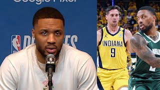 Damian Lillard talks about the game while crying during the Pacers vs Bucks game