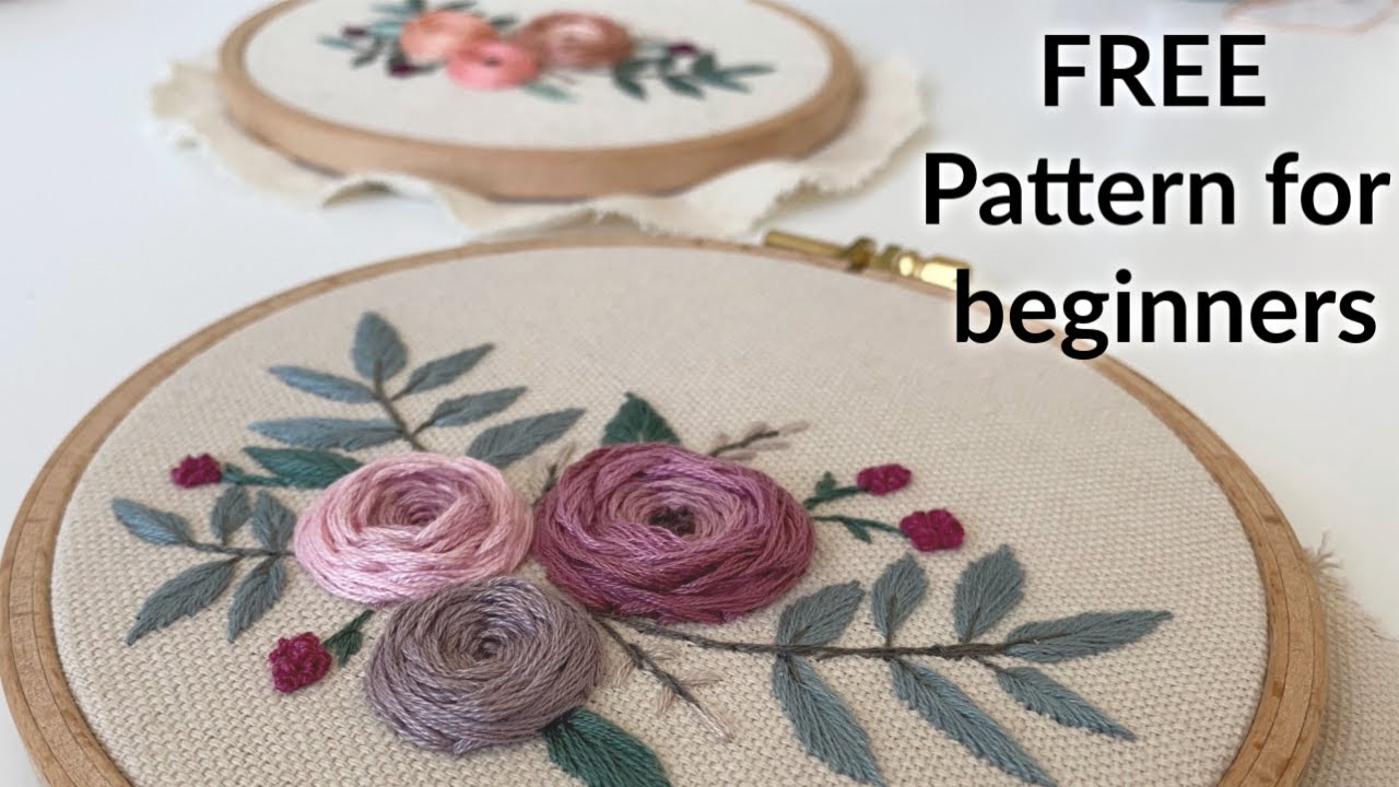 Embroidery tutorial little spring roses - FREE Pattern for beginners 
