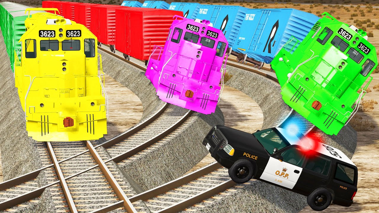 Trains and Cars Crashes #10 - Police Cars vs Rails and Trains - BeamNG.Drive