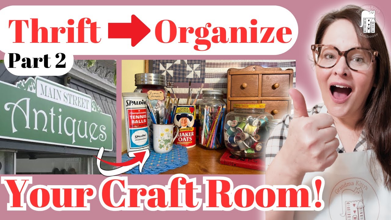 Thrift-Antique organize ideas for a vintage Craft Room! Craft supplies, tools & Dollhouse Miniatures