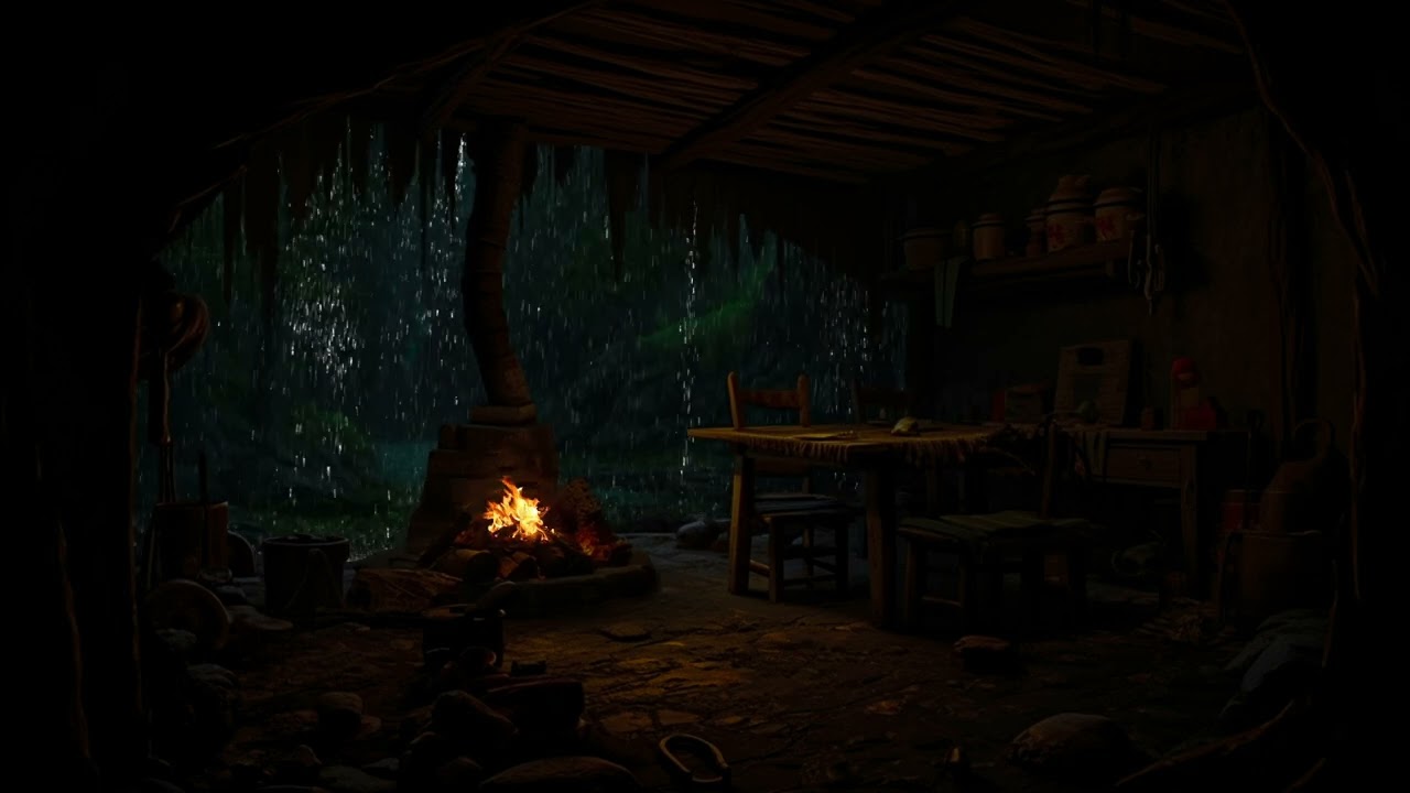 Escondido sob aconchegantes beirais de caverna com fogueira acesa - sons de chuva para dormir🌧️