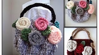 CROCHET PURSE, chunky style bag or purse with flowers, CROCHET PATTERN, how to diy, video tutorial