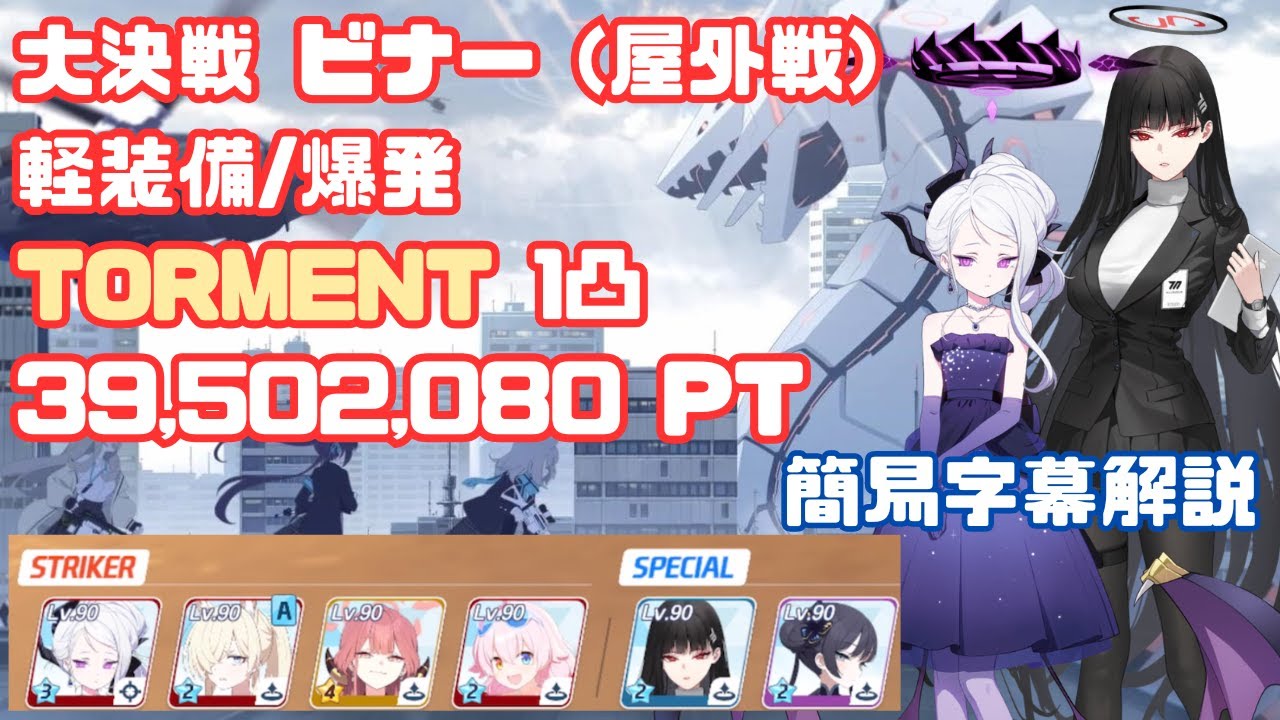 【ブルアカ】大決戦 ビナー 軽装備(爆発) TORMENT 1凸 39,502,080Pt 屋外戦 【簡易字幕解説】