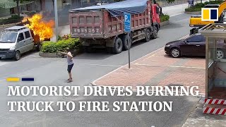 Motorist drives burning truck to fire station in China